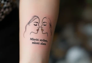 "Mluviti stribro, mlceti zlato." — Two side-by-side faces, one made of silver lines speaking and the other in gold leaf in silence, framed with the quote in refined black type. tattoo idea