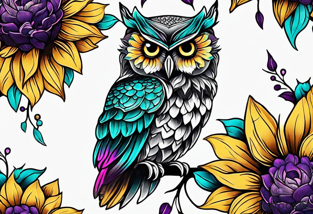 Leg Sleeve with black and white owl that's lightly shaded teal, pink and purple and yellow sunflowers tattoo idea