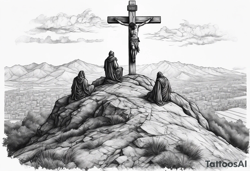 3 people crucified on a hill facing west tattoo idea