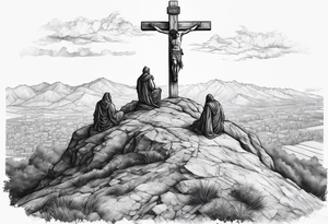 3 people crucified on a hill facing west tattoo idea