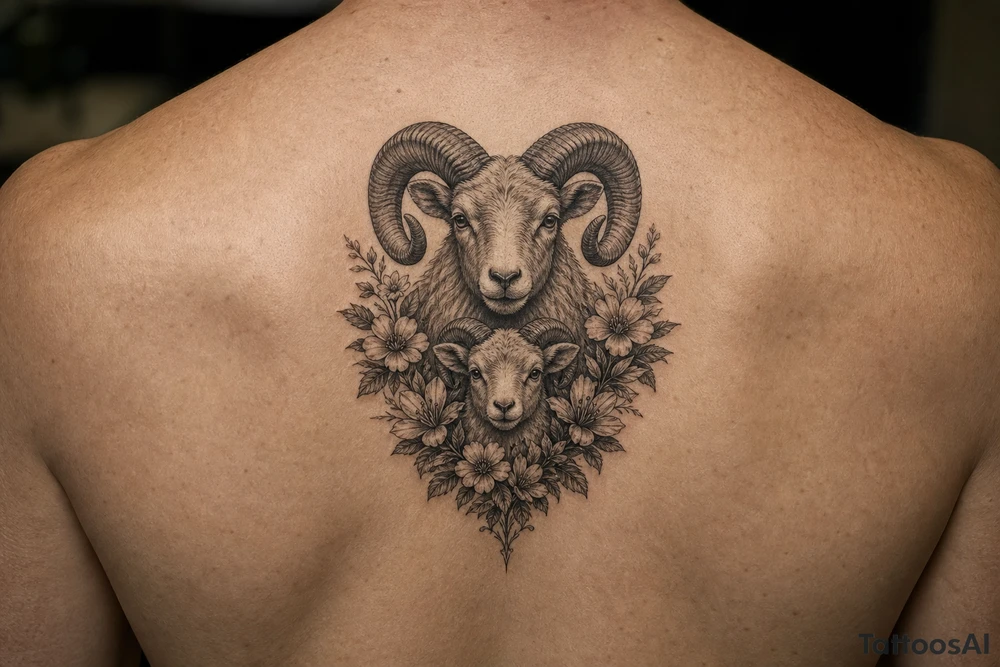Mother ram baby ram with flowers the mother ram on top the baby ram on bottom tattoo idea
