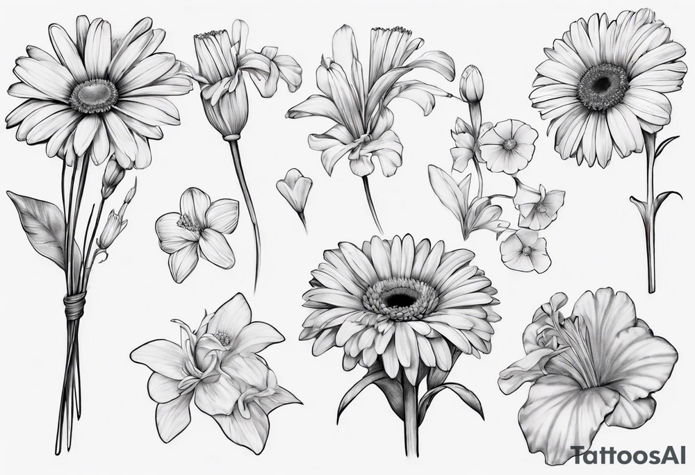 a fine line, dainty bouquet of a gerbera daisy, an iris, blue bells, and forget me nots, tied together with a small bow. no shading or realism. a small line work piece tattoo idea