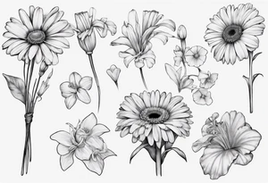 a fine line, dainty bouquet of a gerbera daisy, an iris, blue bells, and forget me nots, tied together with a small bow. no shading or realism. a small line work piece tattoo idea