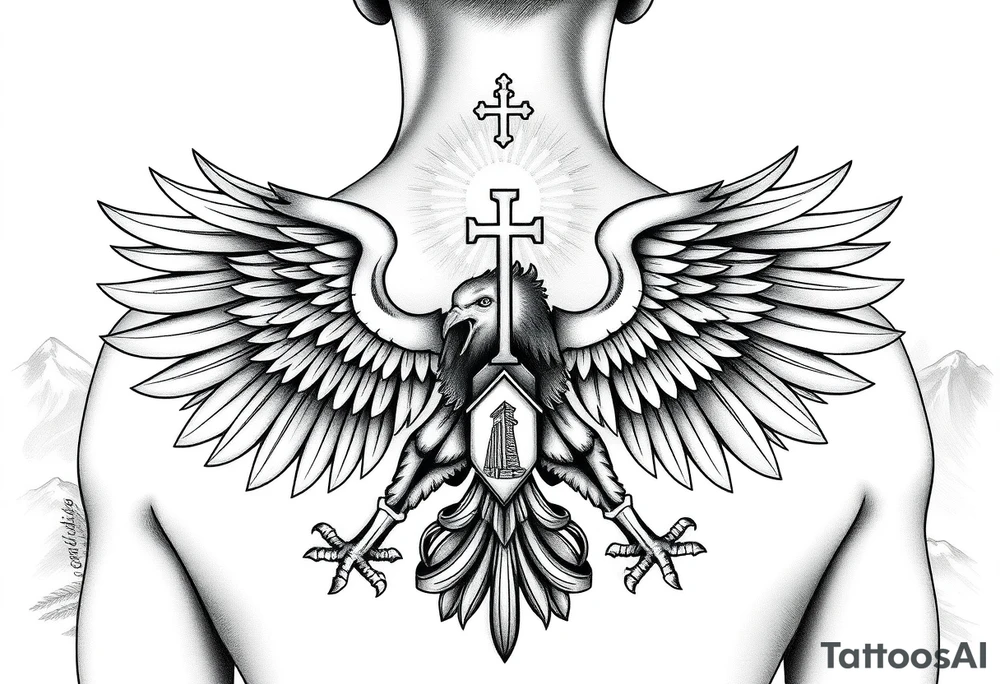 i am looking at getting a russian / serbian style double headed eagle like the coat of arms spread out on my back neck across my shoulders / traps in a orthodox christian church style setting with a sun beaming and in a mountainous setting, such as a Sovereign of the Mountain and an orthodox church in the background with the russian orthodox cross spire of the orthodox church being visible on my neck with a sun beaming in the background that the cross sits inside tattoo idea