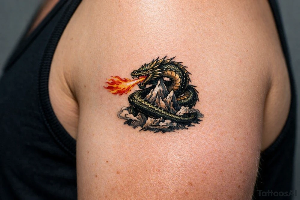 A fierce dragon coiled around a mountain peak, scales detailed, fire breath erupting. tattoo idea