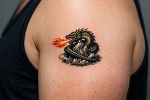 A fierce dragon coiled around a mountain peak, scales detailed, fire breath erupting. tattoo idea