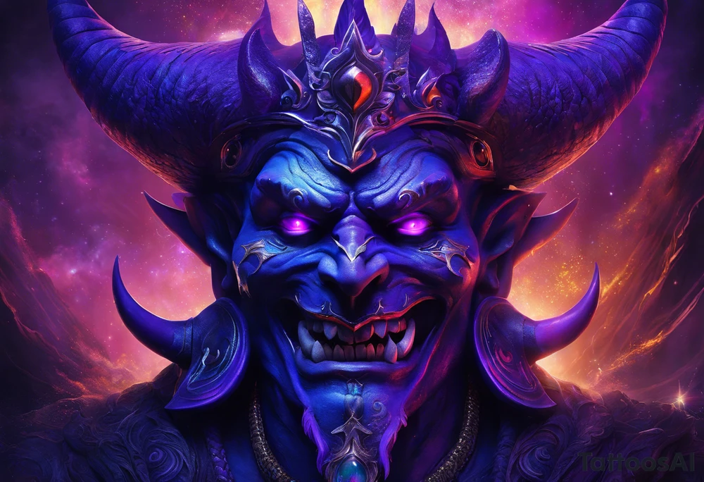 frontal bust of Dominant demonic and formidable face with royal king features, has a slight evil grin and a devil fang teeth, similar to skull features, framed by deep-set glowing galaxy eyes, head has crown of prominent purple deep blue flames (Not standalone horns) with intricate recognizable swirling galaxy and peacock feather textures.

face has intricate swirling biomechanical tattoo texture. prominent colours are blue, violet, deep purple, with orange highlights.

face has braids hanging with feathers at end. tattoo idea