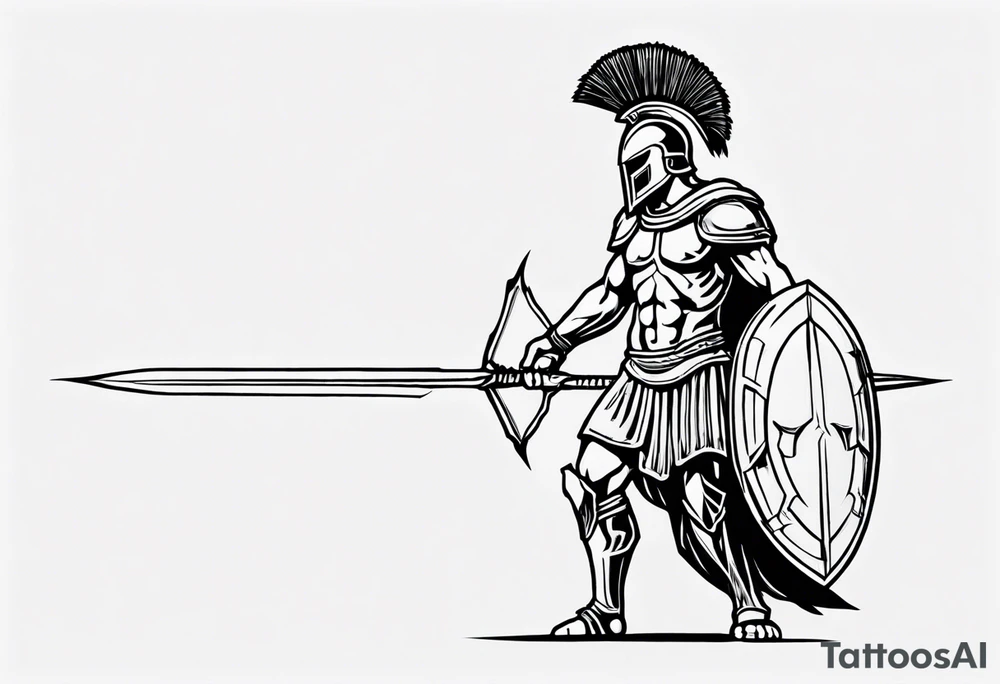 rectangular landscape format ultra-fine line linework vector of a spartan from the side, spartan spear, spartan shield, laurel wreath tattoo idea