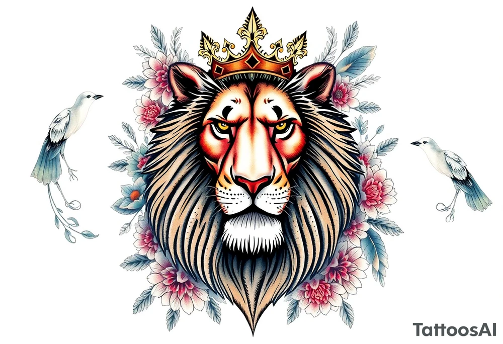powerful majestic lion with a crown, surrounded by floral ornaments and birds tattoo idea