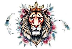 powerful majestic lion with a crown, surrounded by floral ornaments and birds tattoo idea