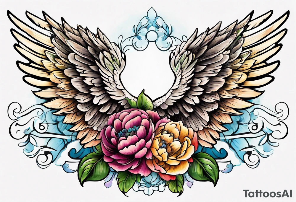beautiful angel wings with colorful, peonies. beautiful flilligree in the background , full color, traditional old school , white background tattoo idea