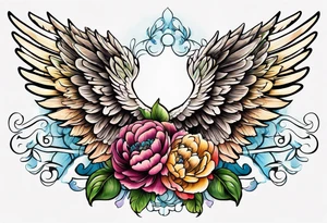 beautiful angel wings with colorful, peonies. beautiful flilligree in the background , full color, traditional old school , white background tattoo idea