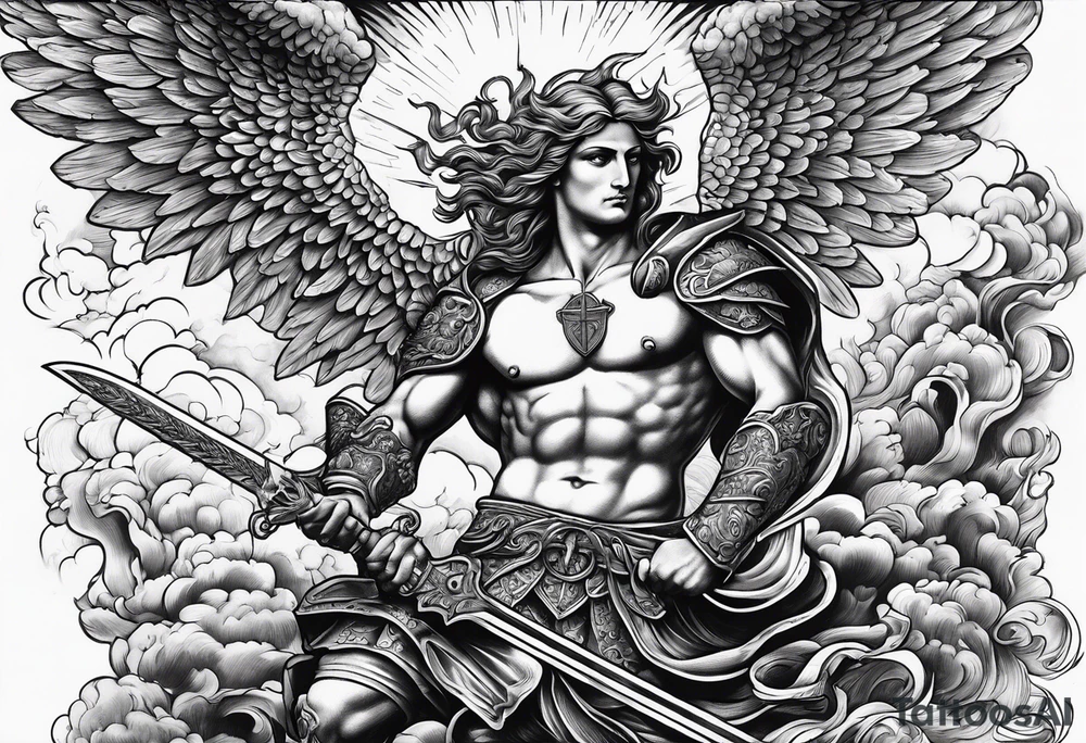 Arm sleeve of St Michael plunging a sword into the devil which is laying on the stairway to heaven. tattoo idea