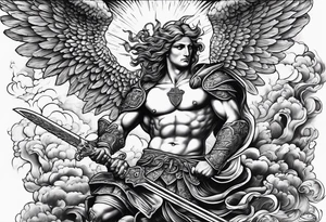 Arm sleeve of St Michael plunging a sword into the devil which is laying on the stairway to heaven. tattoo idea