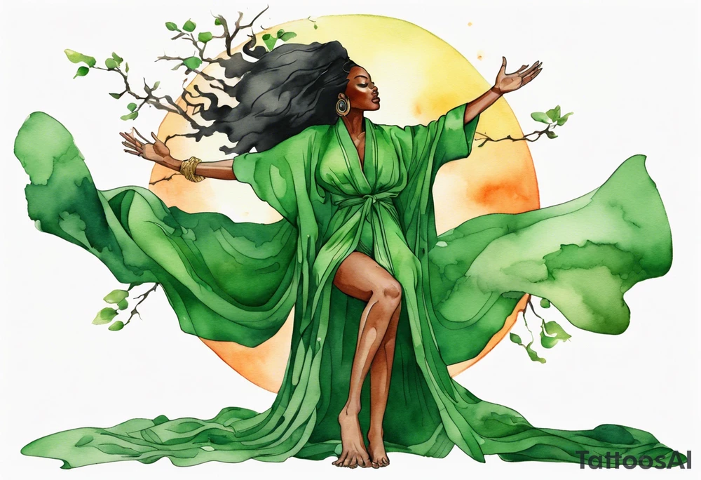 a beautiful black woman wearing a green robe with legs that turn into tree roots, arms raised towards the sun tattoo idea