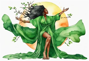 a beautiful black woman wearing a green robe with legs that turn into tree roots, arms raised towards the sun tattoo idea