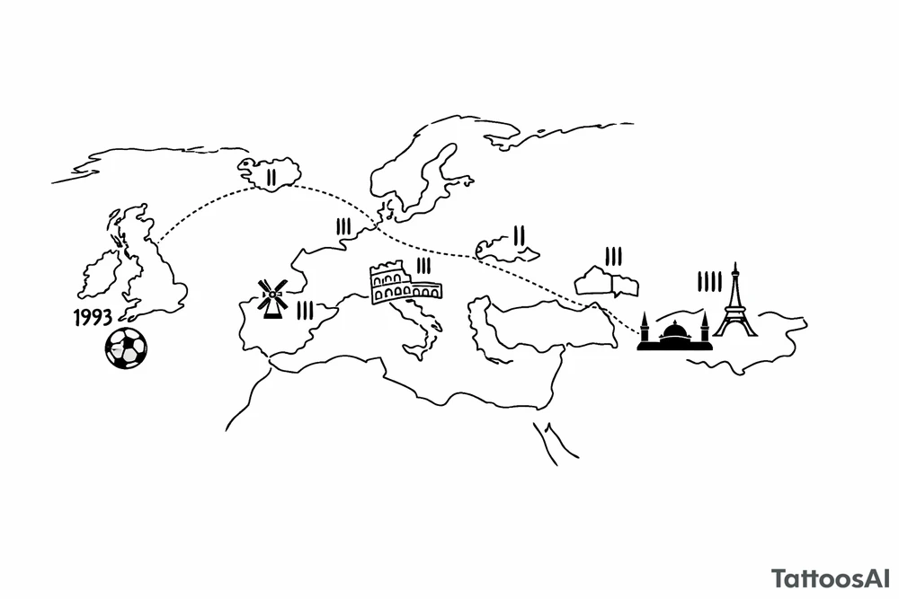 A football journey no crests stars each country on how many times ive played there
A fine-line world map or stylized route connecting Iceland ➔ Italy ➔ Spain ➔ Turkey ➔ Hungary ➔ France, with minimalist markers for each club.
Starting in uk 1993 tattoo idea