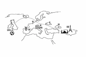 A football journey no crests stars each country on how many times ive played there
A fine-line world map or stylized route connecting Iceland ➔ Italy ➔ Spain ➔ Turkey ➔ Hungary ➔ France, with minimalist markers for each club.
Starting in uk 1993 tattoo idea