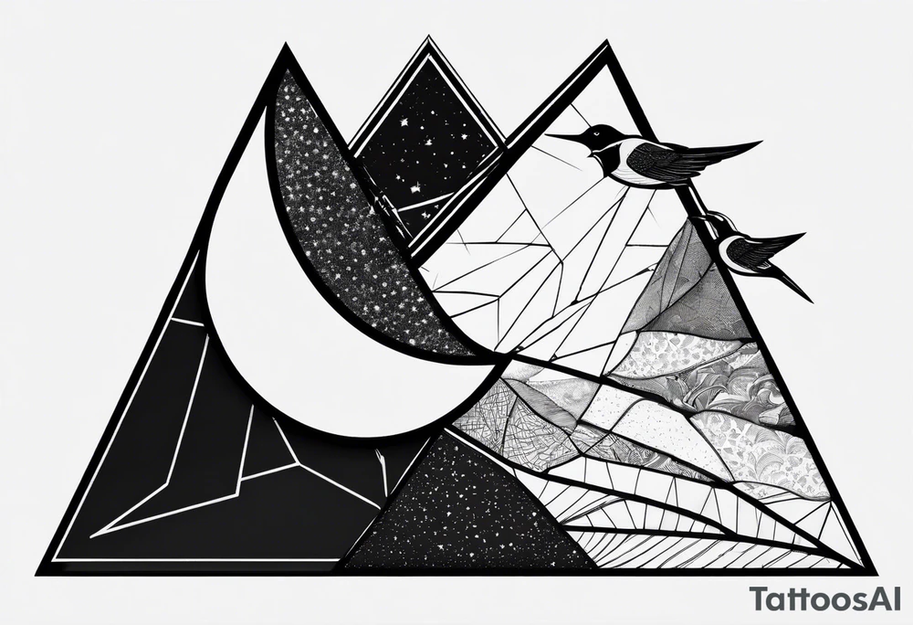 Double triangle with one unclosed delta, crescent moon, swallows tattoo idea