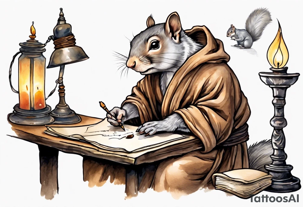 an elderly grey squirrel dressed in a monk robe sitting at a desk in the dark holding a feather quill writing a letter by candlelight tattoo idea