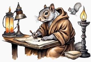 an elderly grey squirrel dressed in a monk robe sitting at a desk in the dark holding a feather quill writing a letter by candlelight tattoo idea