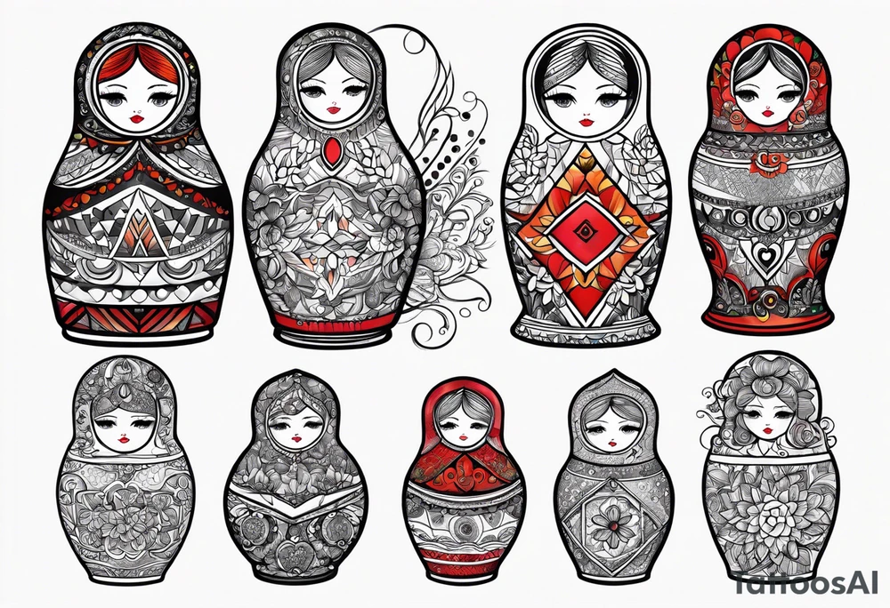 Russian doll with geometric patterns, with lots of designs around the doll tattoo idea