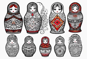 Russian doll with geometric patterns, with lots of designs around the doll tattoo idea