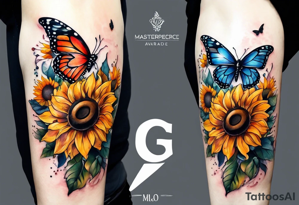 Sleeve with clock, sunflower and butterfly tattoo idea
