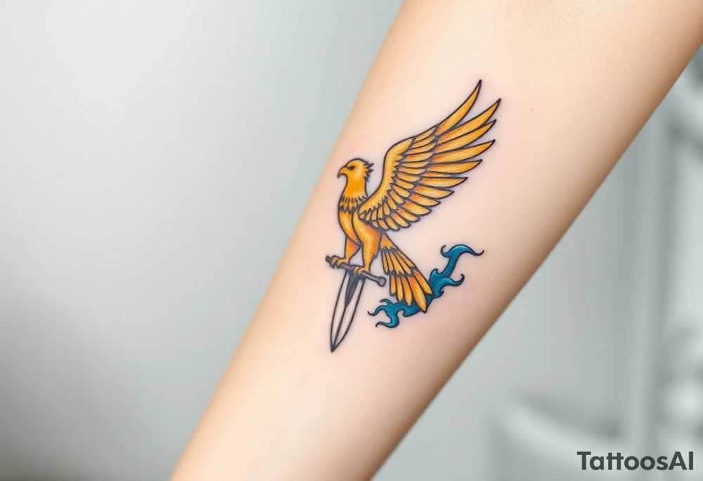 A golden eagle with a radiant crown, standing on a sword, surrounded by mystical blue flame tattoo idea