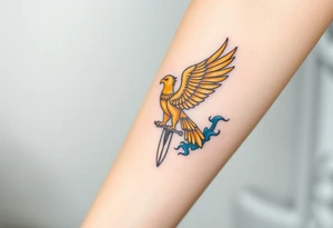 A golden eagle with a radiant crown, standing on a sword, surrounded by mystical blue flame tattoo idea