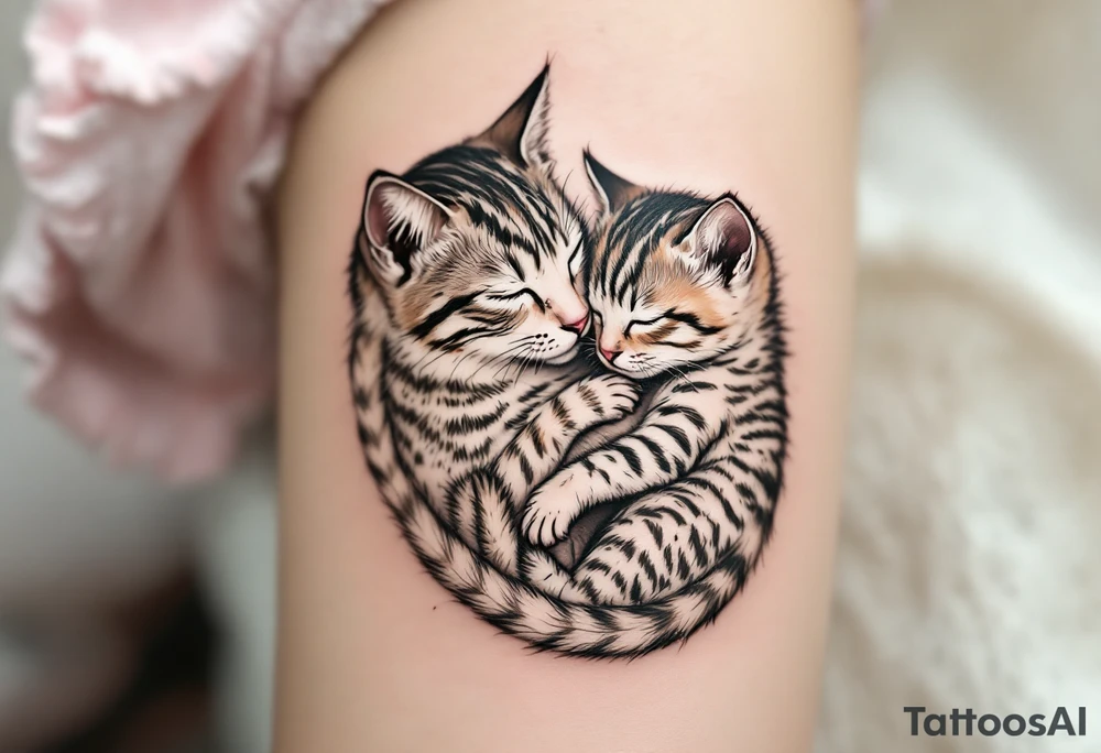 A cat and kitten in black ink intertwined in sleep represents warmth, trust, and quiet love. tattoo idea