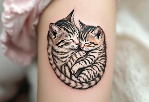 A cat and kitten in black ink intertwined in sleep represents warmth, trust, and quiet love. tattoo idea