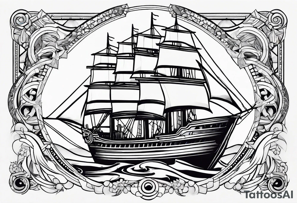 Ship with a Phoenix and the background. Geometric design layered through the design tattoo idea