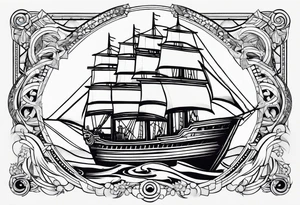 Ship with a Phoenix and the background. Geometric design layered through the design tattoo idea