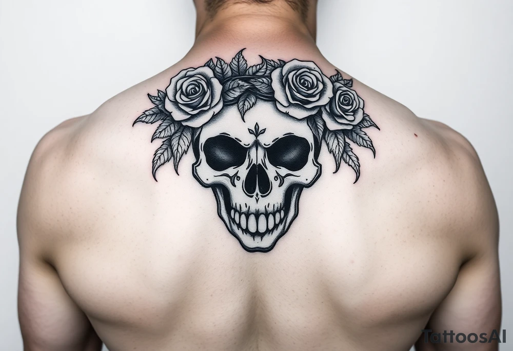 ornate skull adorned with crown of wild roses and thorns tattoo idea