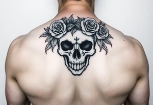 ornate skull adorned with crown of wild roses and thorns tattoo idea