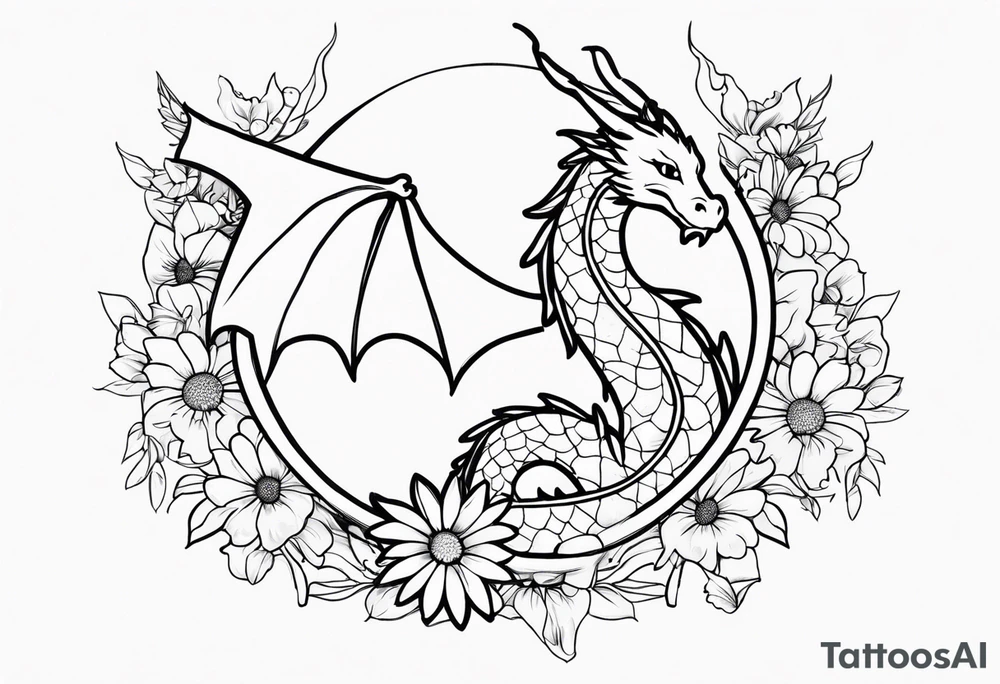 Dragon with daisies and name Liam carter tattoo idea