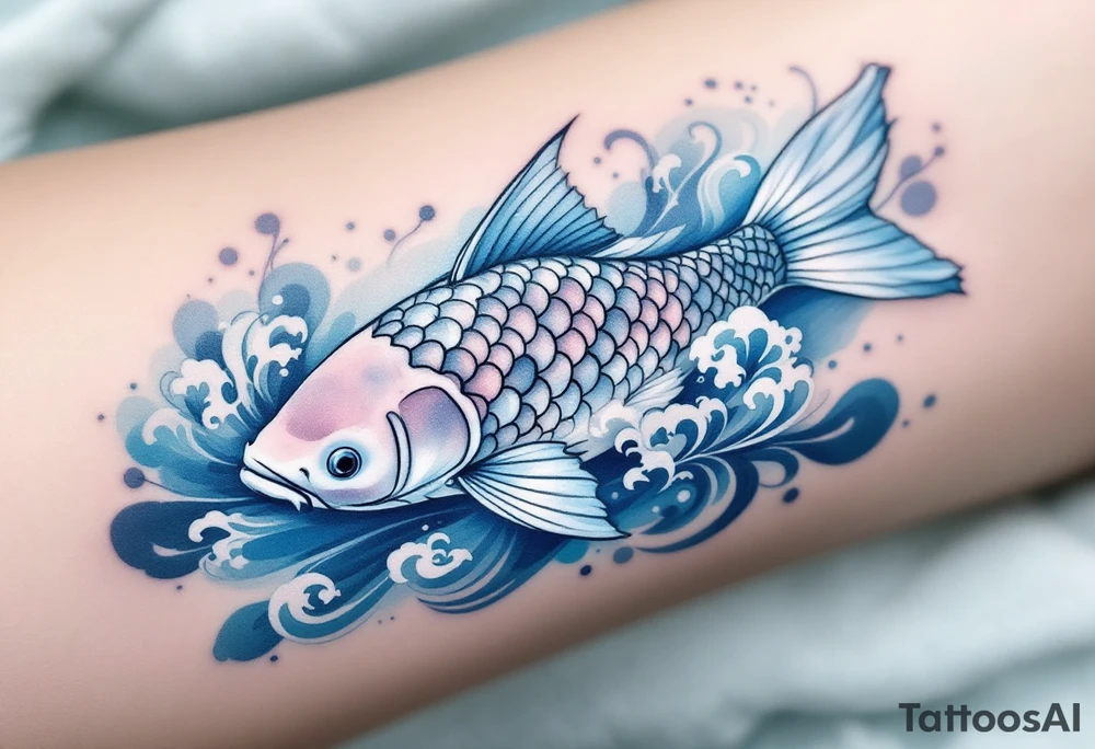 A carp with swirling water waves in an Art Nouveau style, with pastel blue and silver accents for an elegant, vintage feel tattoo idea