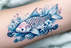 A carp with swirling water waves in an Art Nouveau style, with pastel blue and silver accents for an elegant, vintage feel tattoo idea