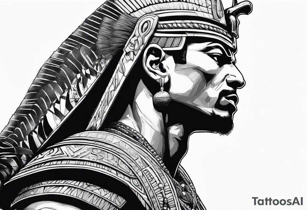 egyptian warrior in profile with muscles, a sword in his hand and screaming face tattoo idea