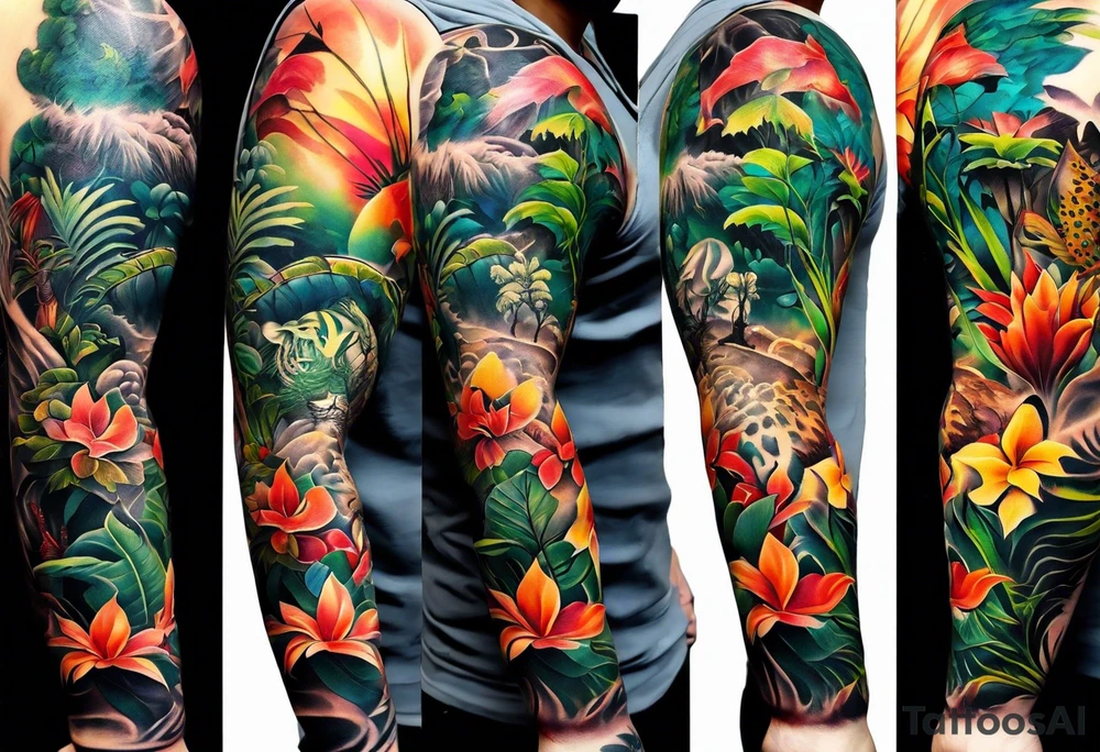 A full arm sleeve tattoo that is jungled themed tattoo idea