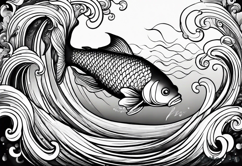 “Create a delicate tattoo of a goldfish swimming in a wave, emphasizing its flowing fins and graceful movement. tattoo idea