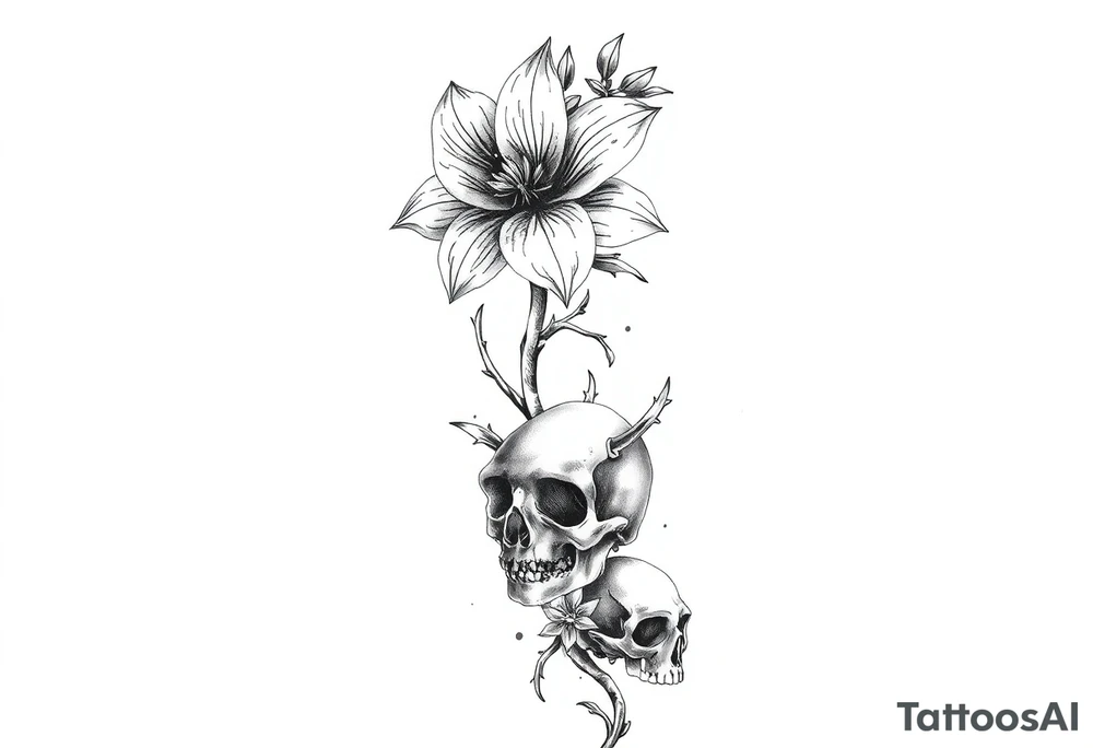 Aconitum flower going up the arm with details gothic style with skulls tribal large tattoo idea
