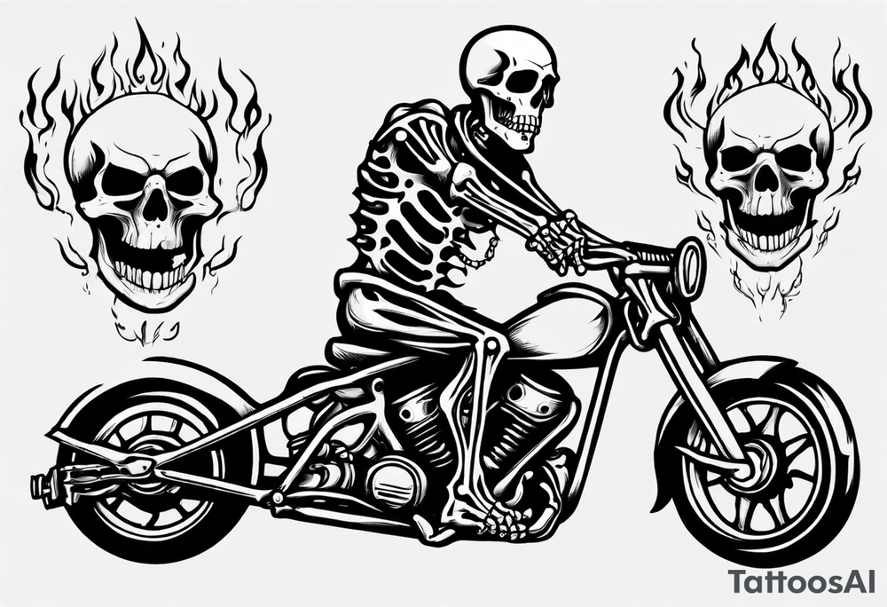 A skeleton riding a motorcycle with flames front view tattoo idea A skeleton riding a motorcycle with flames front view tattoo idea