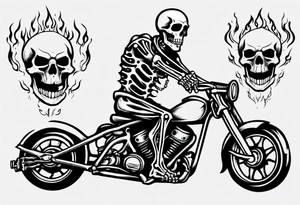A skeleton riding a motorcycle with flames front view tattoo idea