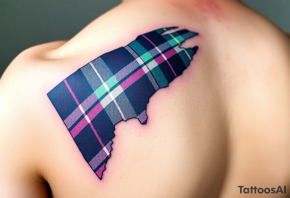 Side of arm Dark Purple with green pink blue and white highlights tartan fabric with skin peeling away at edges tattoo idea