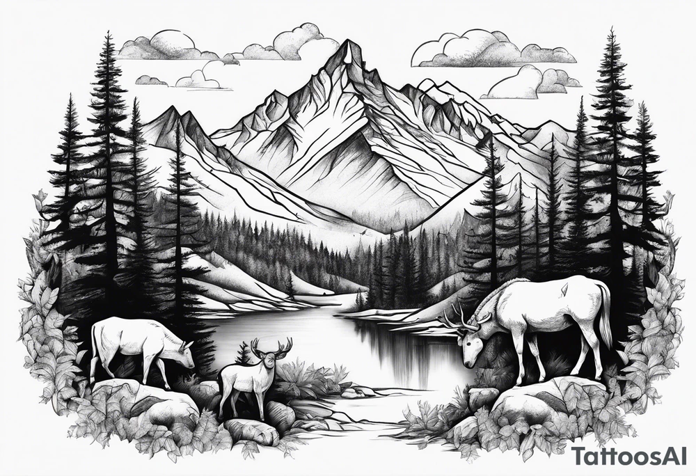 Mountain with trees and animals tattoo idea