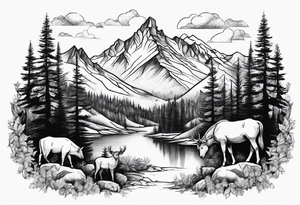 Mountain with trees and animals tattoo idea