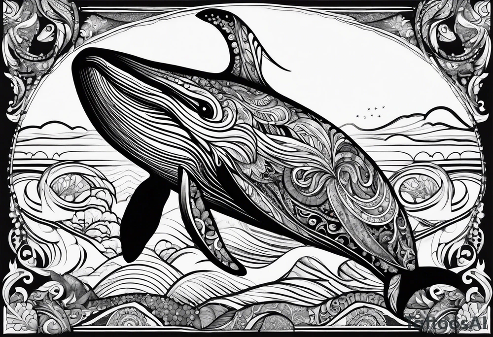 Hawaiian whale breaching vertical paisley tattoo idea