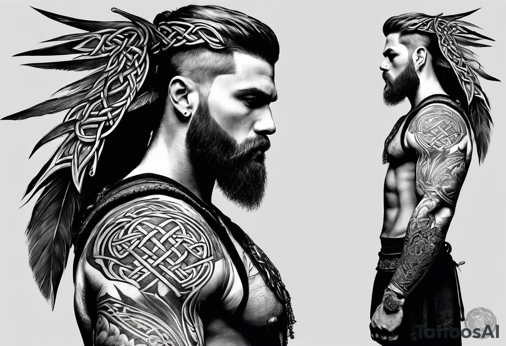 Side profile full body of a celtic warrior with weapons tattoo idea